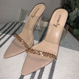 vivianly Clear Pointed Toe Heels Sandals Strap Stiletto High Heels Slip on Mules